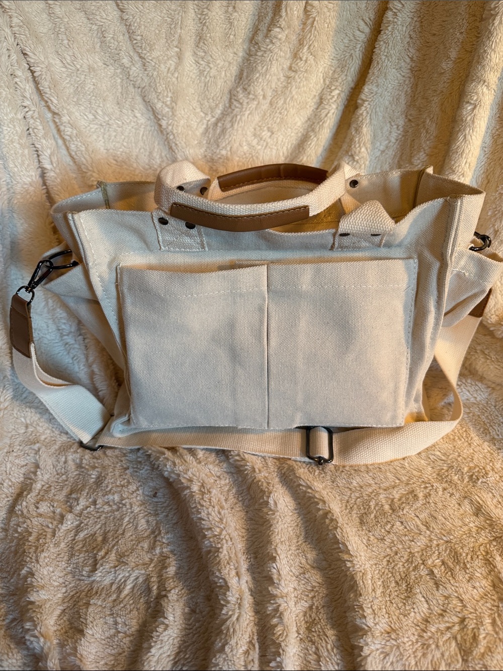 Neutral Canvas Travel Tote Bag with Adjustable Strap - Cream